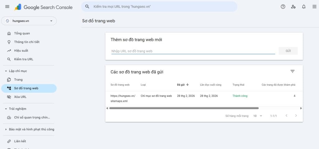 Giao diện Google Search Console khai báo sitemap thành công