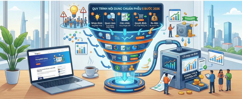 Quy trình 5 bước xây dựng nội dung chuẩn phễu 2026 giúp tối ưu hóa tỷ lệ chuyển đổi tự động cho Website